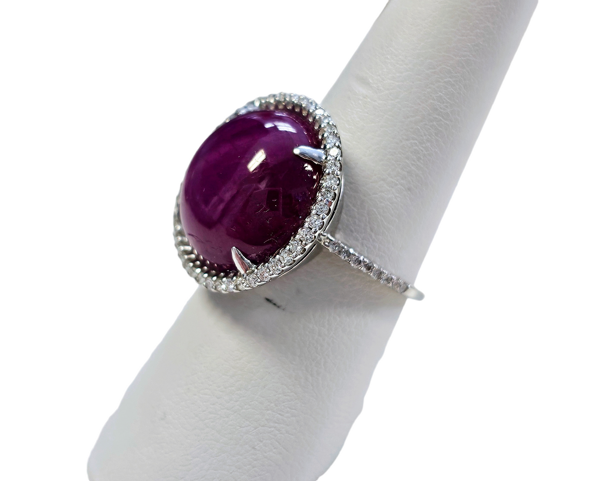 Cabochon Star Ruby with Diamond Halo Ring made in 18-Karat White Gold