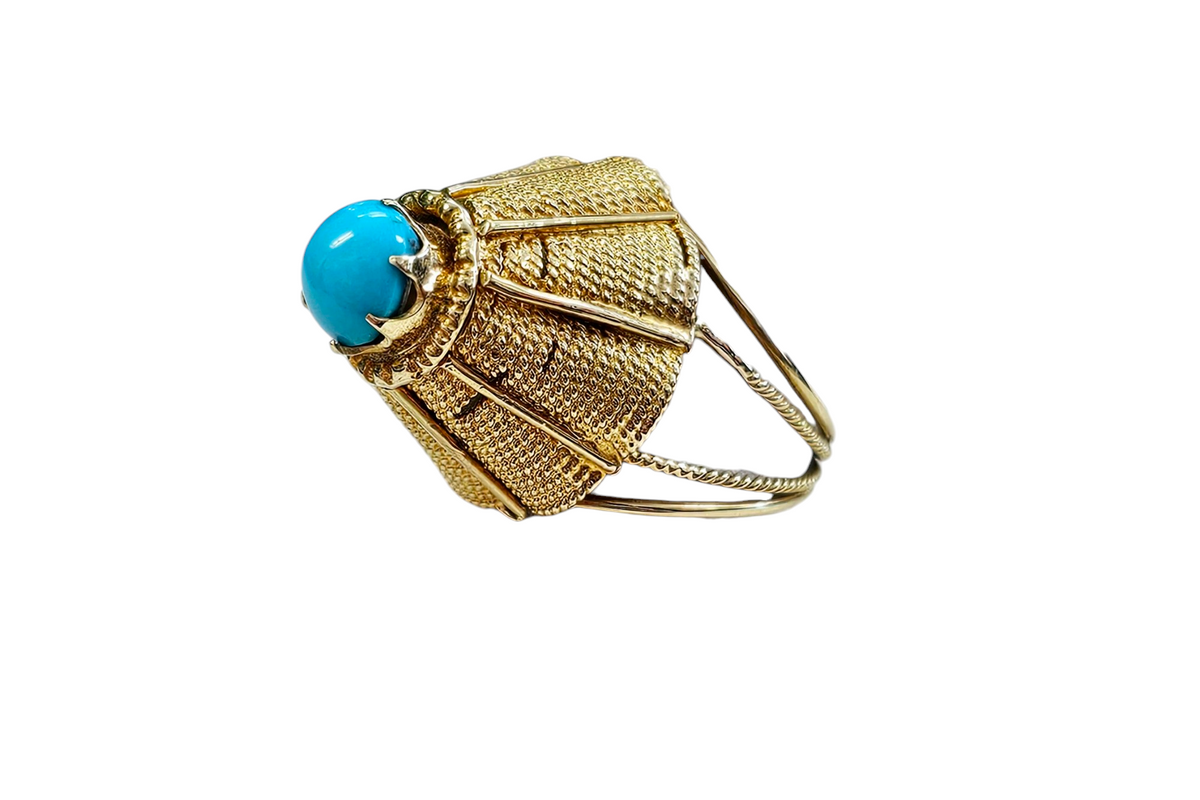 Cabochon Turquoise Elevated Prong Set handmade Ring made in 18-Karat Yellow Gold