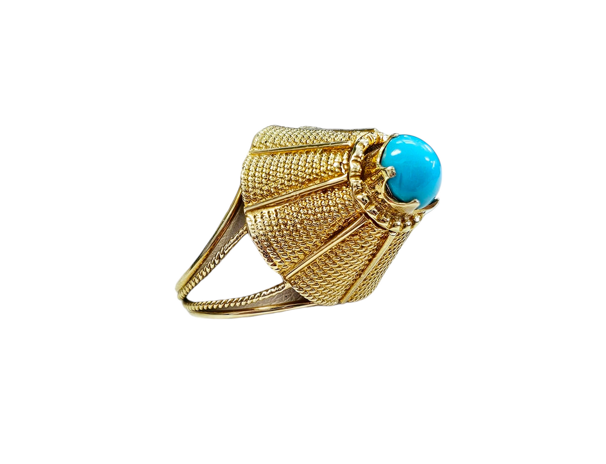 Cabochon Turquoise Elevated Prong Set handmade Ring made in 18-Karat Yellow Gold