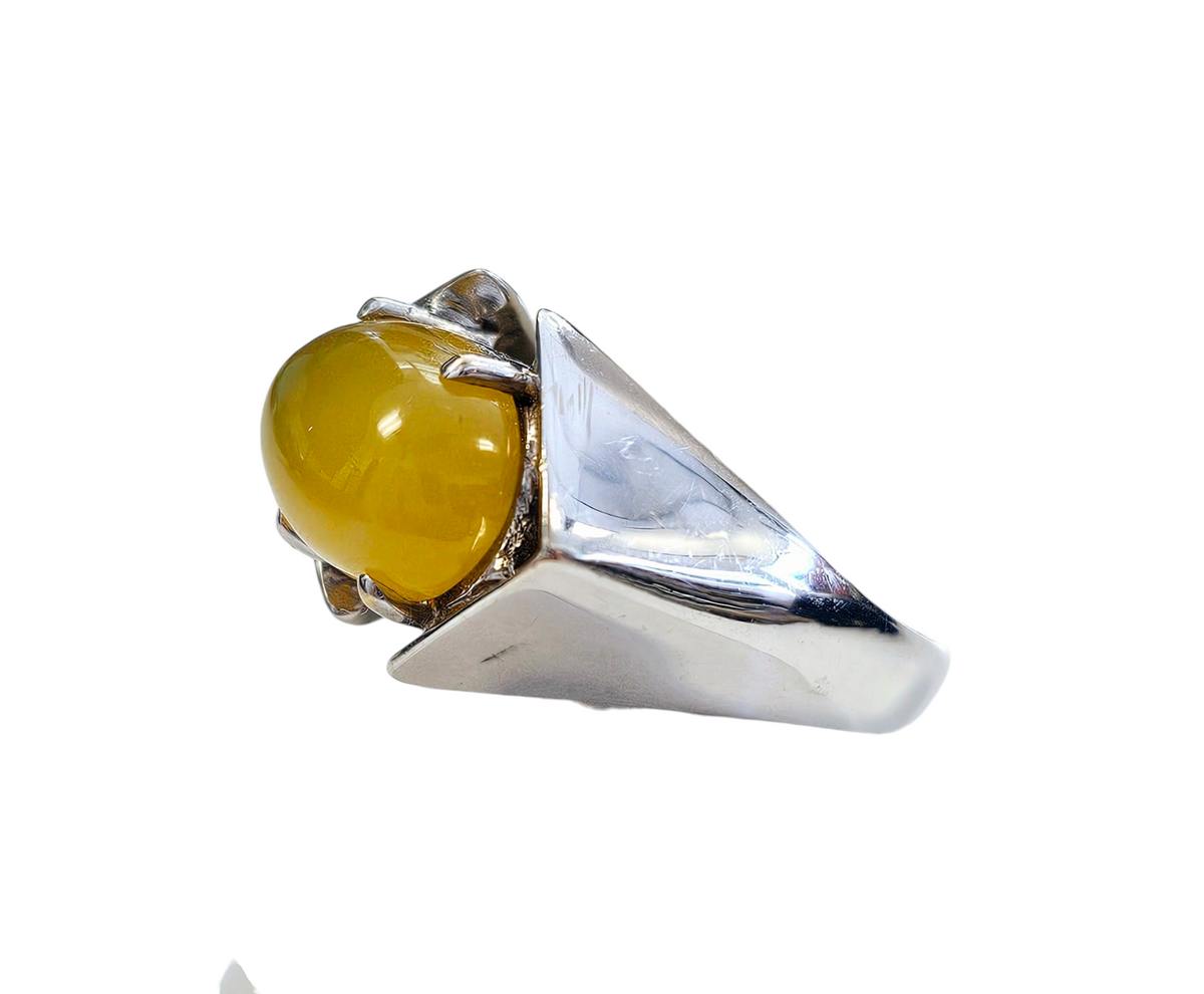 Yellow Cabochon Agate set in Geometric Modern Setting made in 18-Karat White Gold