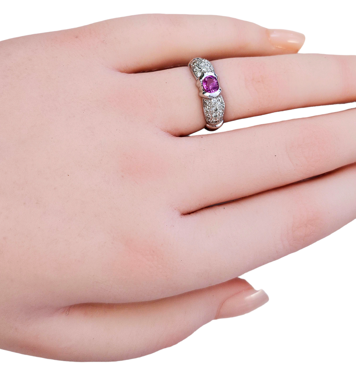 Oval Cut Pink Sapphire Half-Bezel and Pave set Diamond Ring made in 14-Karat White Gold