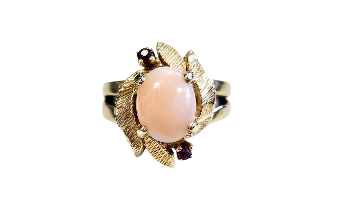 Floral Design Cabochon Oval Pink Coral and Ruby Ring made in 14-Karat Yellow Gold