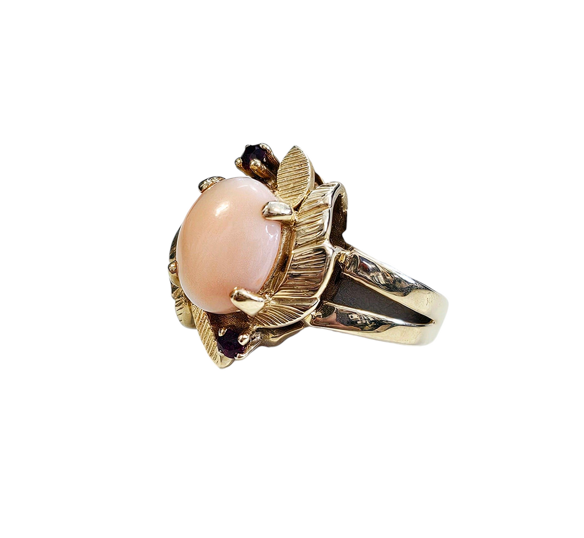 Floral Design Cabochon Oval Pink Coral and Ruby Ring made in 14-Karat Yellow Gold