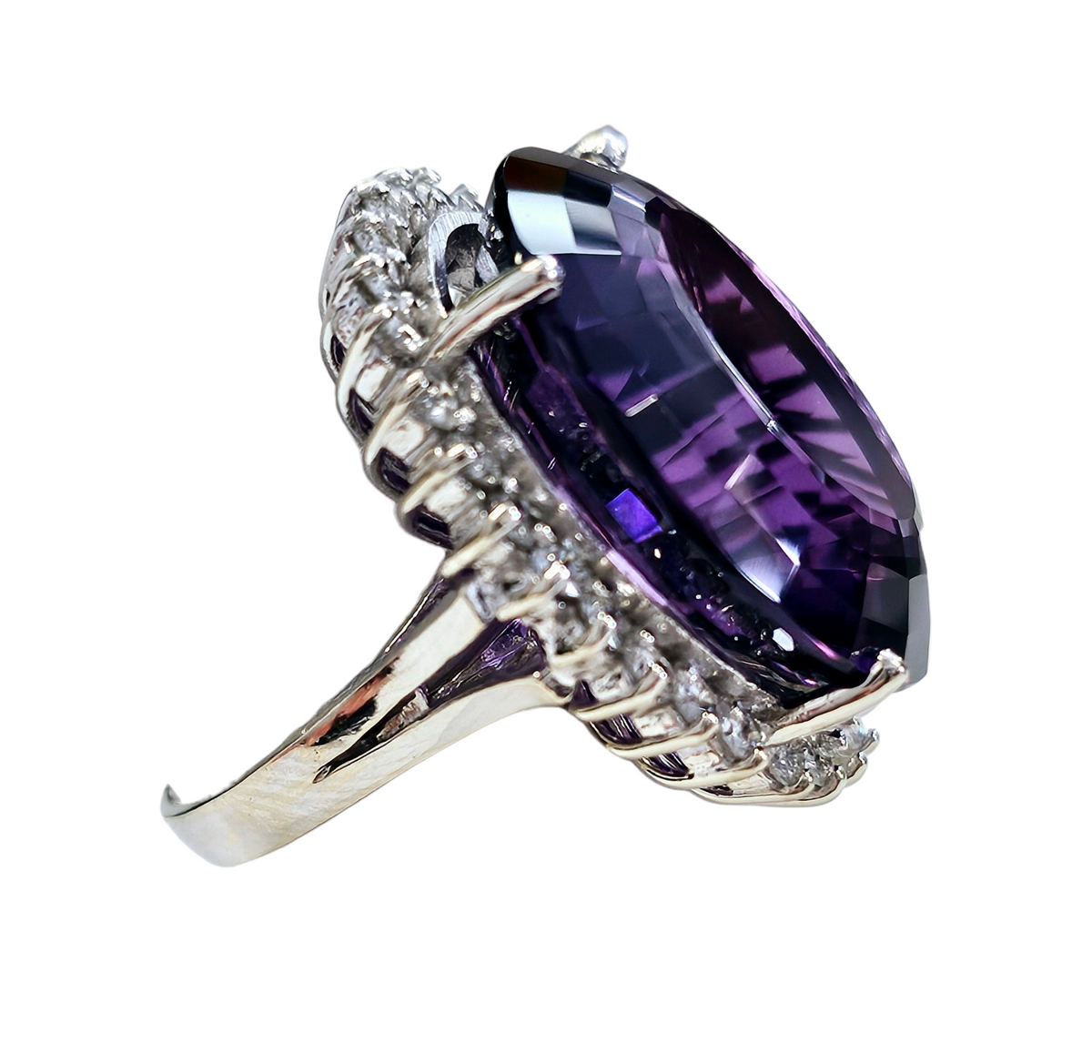 Large Oval Amethyst Ring with Diamond Halo made in 14-Karat White Gold