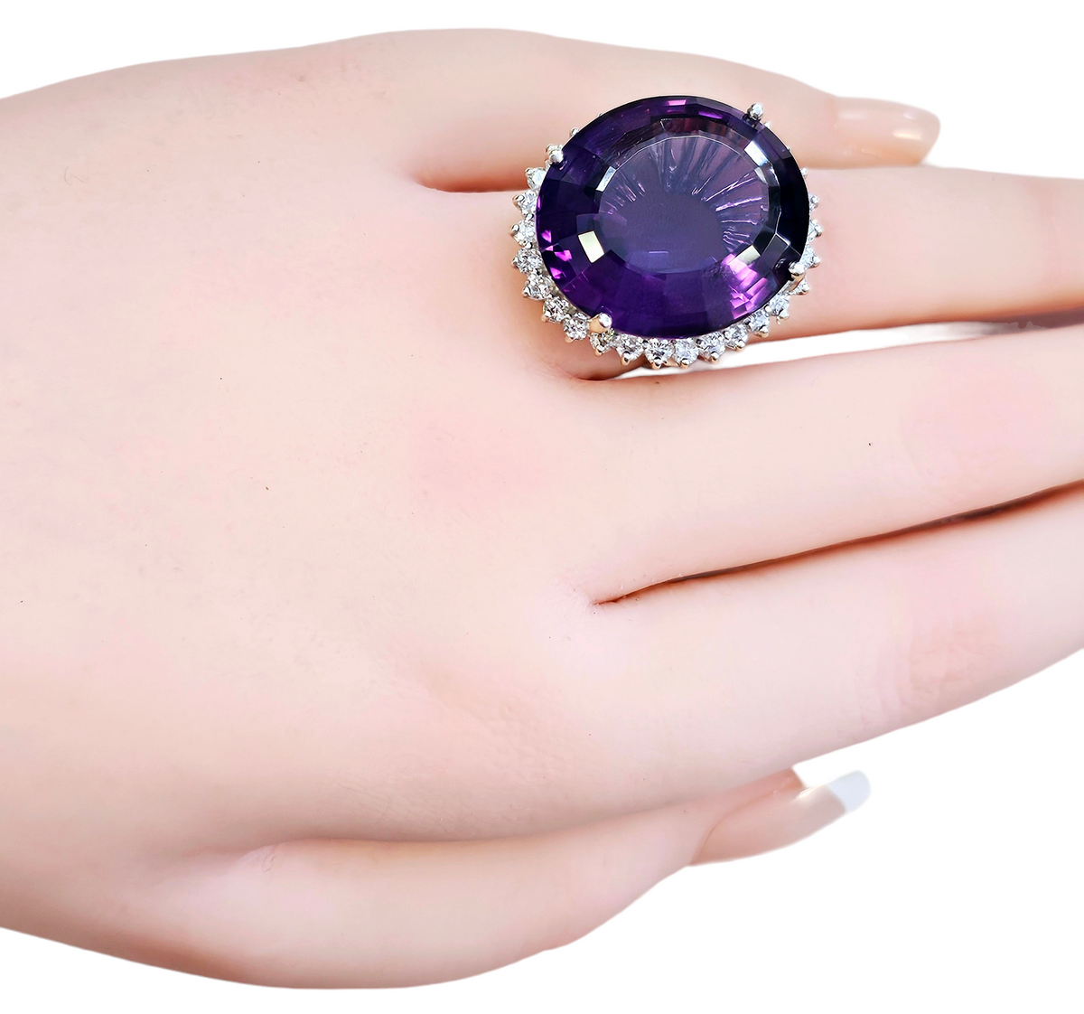 Large Oval Amethyst Ring with Diamond Halo made in 14-Karat White Gold