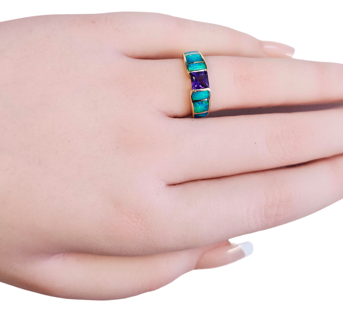 Tension Set Mixed Cut Amethyst and Inlay Blue Opal Ring made in 14-Karat Yellow Gold
