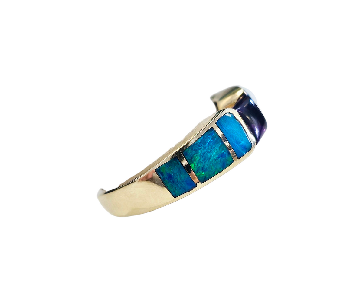 Tension Set Mixed Cut Amethyst and Inlay Blue Opal Ring made in 14-Karat Yellow Gold