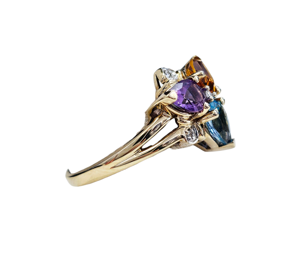 Pear Shaped Blue Topaz, Citrine, Amethyst and Diamond Trinity Ring made in 10-Karat Yellow Gold