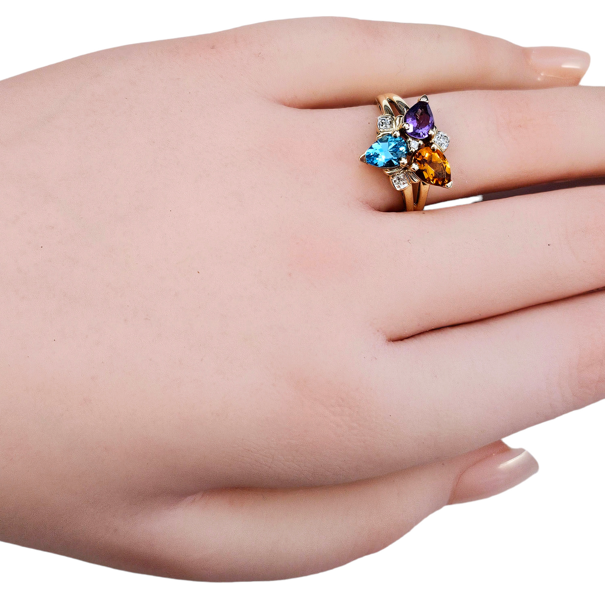 Pear Shaped Blue Topaz, Citrine, Amethyst and Diamond Trinity Ring made in 10-Karat Yellow Gold