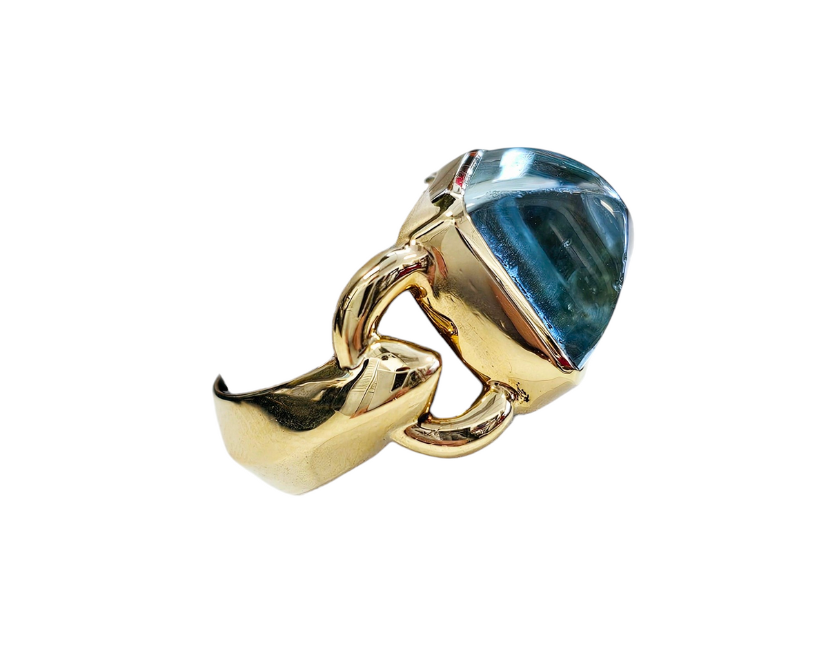 Hermes Aquamarine Pyramid Cabochon Bezel Set Ring made in solid 18-Karat Yellow Gold