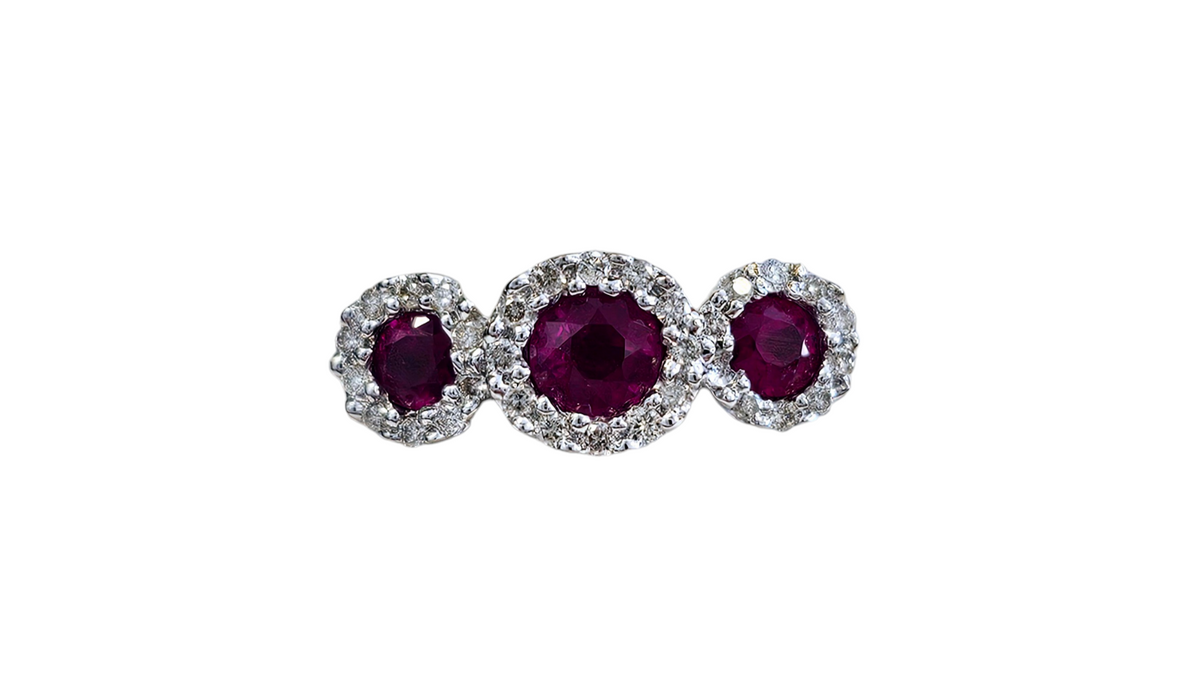 3-Stone Ruby and Diamond Halo Ring made in 14-Karat White Gold