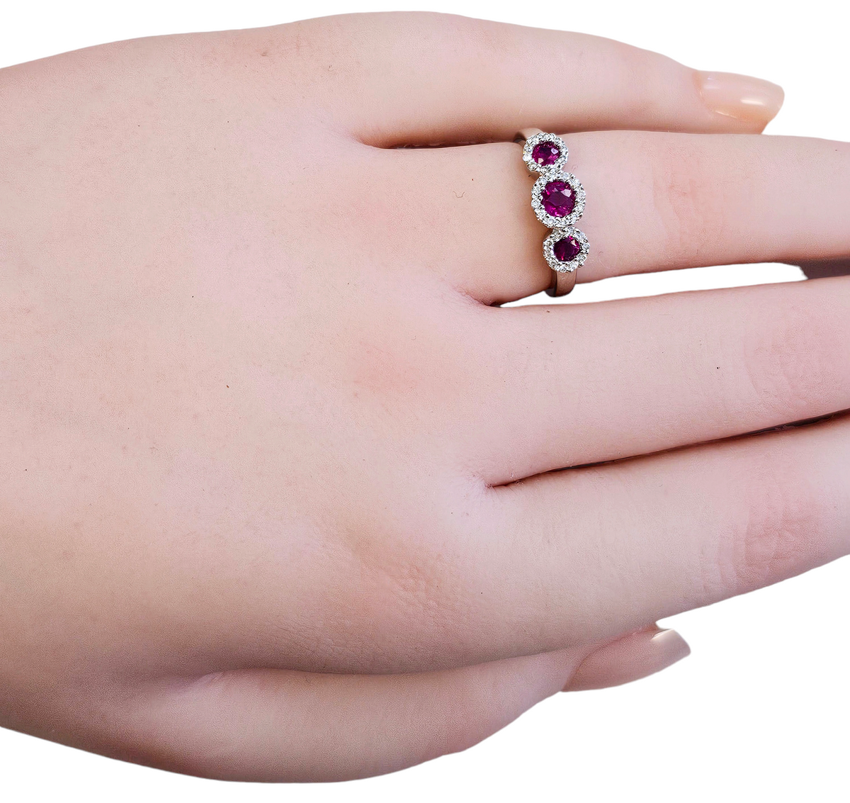 3-Stone Ruby and Diamond Halo Ring made in 14-Karat White Gold