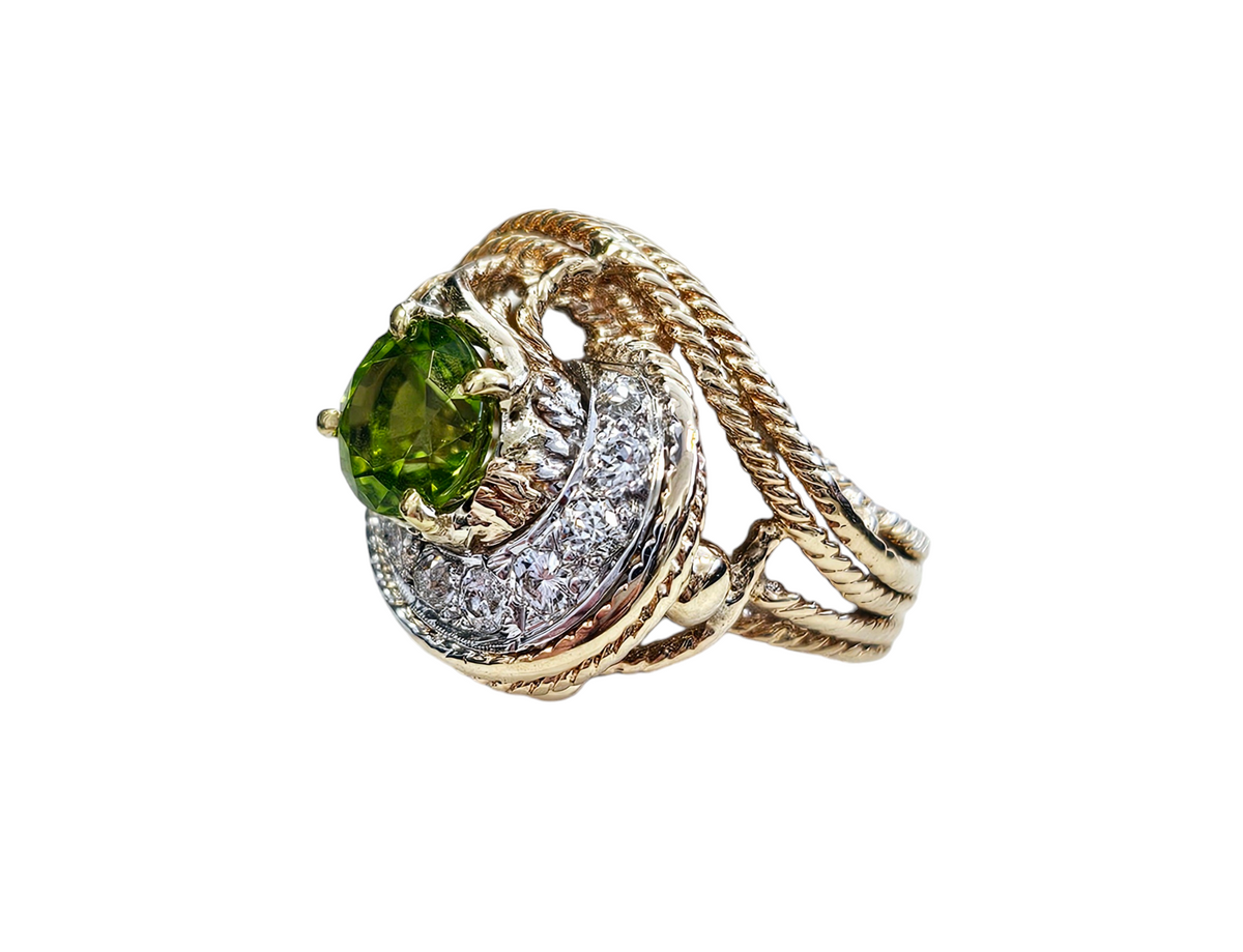 Peridot and Diamond Prong set Twisted Style Design Ring made in 14-Karat Yellow Gold
