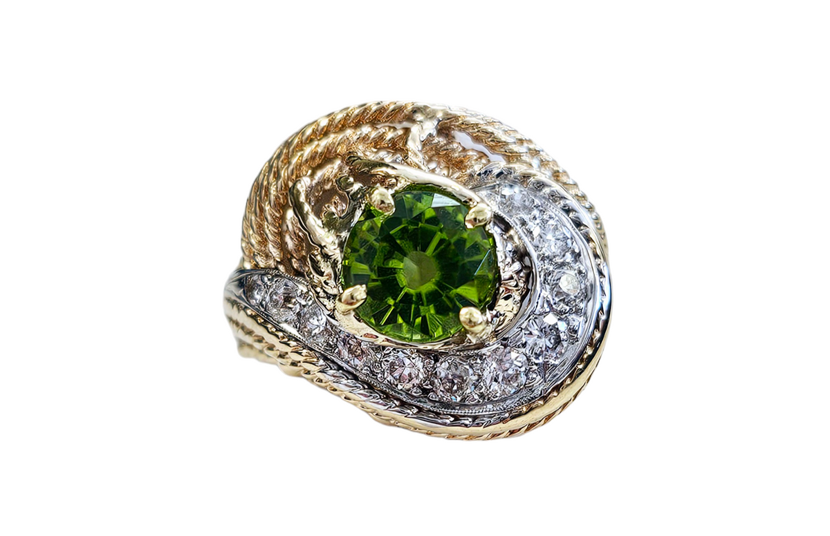 Peridot and Diamond Prong set Twisted Style Design Ring made in 14-Karat Yellow Gold