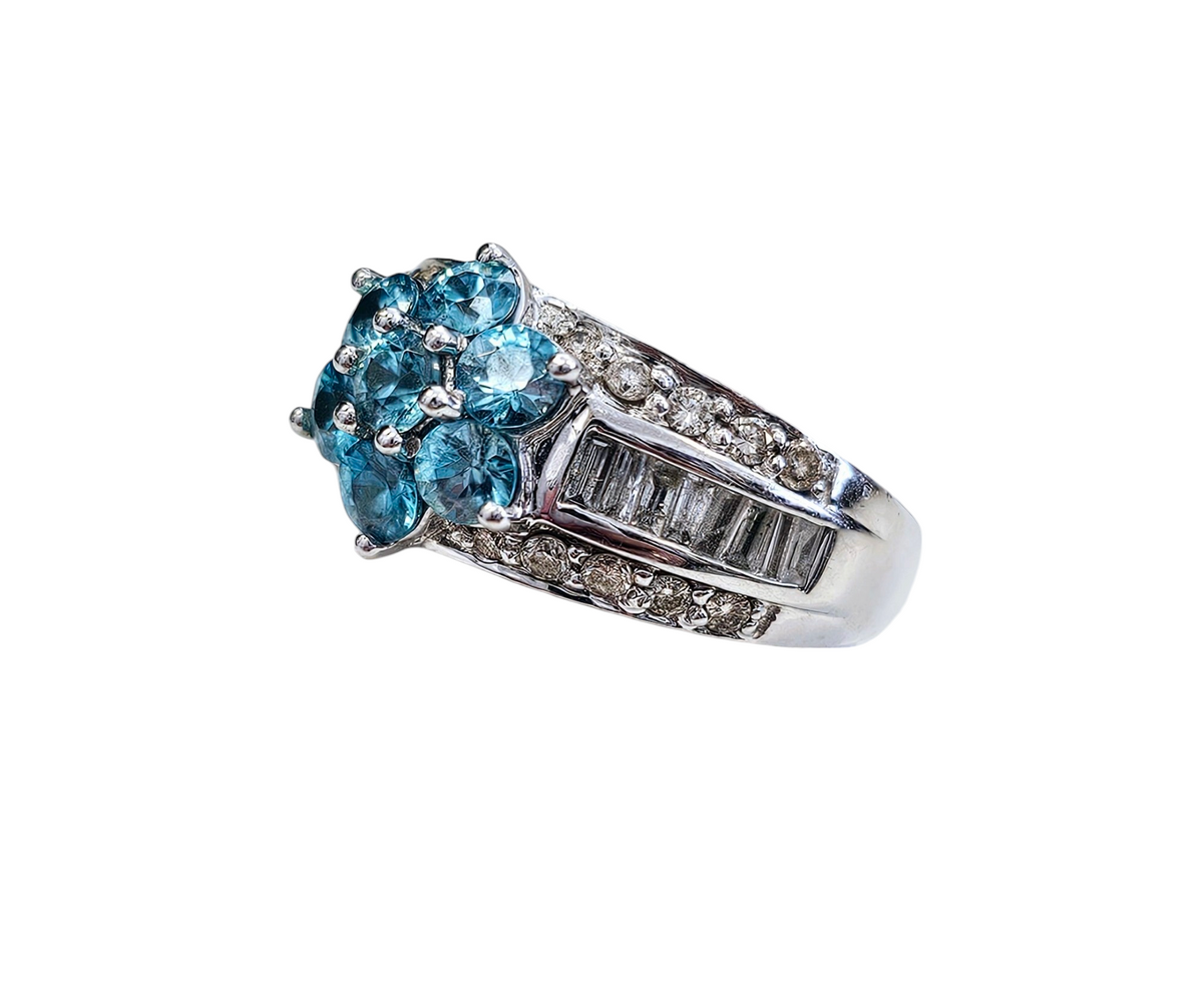 Blue Topaz and Channel Set Diamond Floral Ring made in 14-Karat White Gold