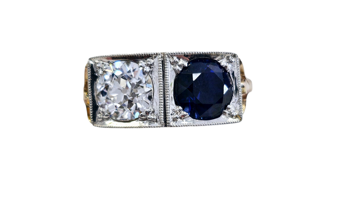 Vintage Circa 1940's Diamond and Blue Sapphire Ring made in 14-Karat Yellow and White Gold