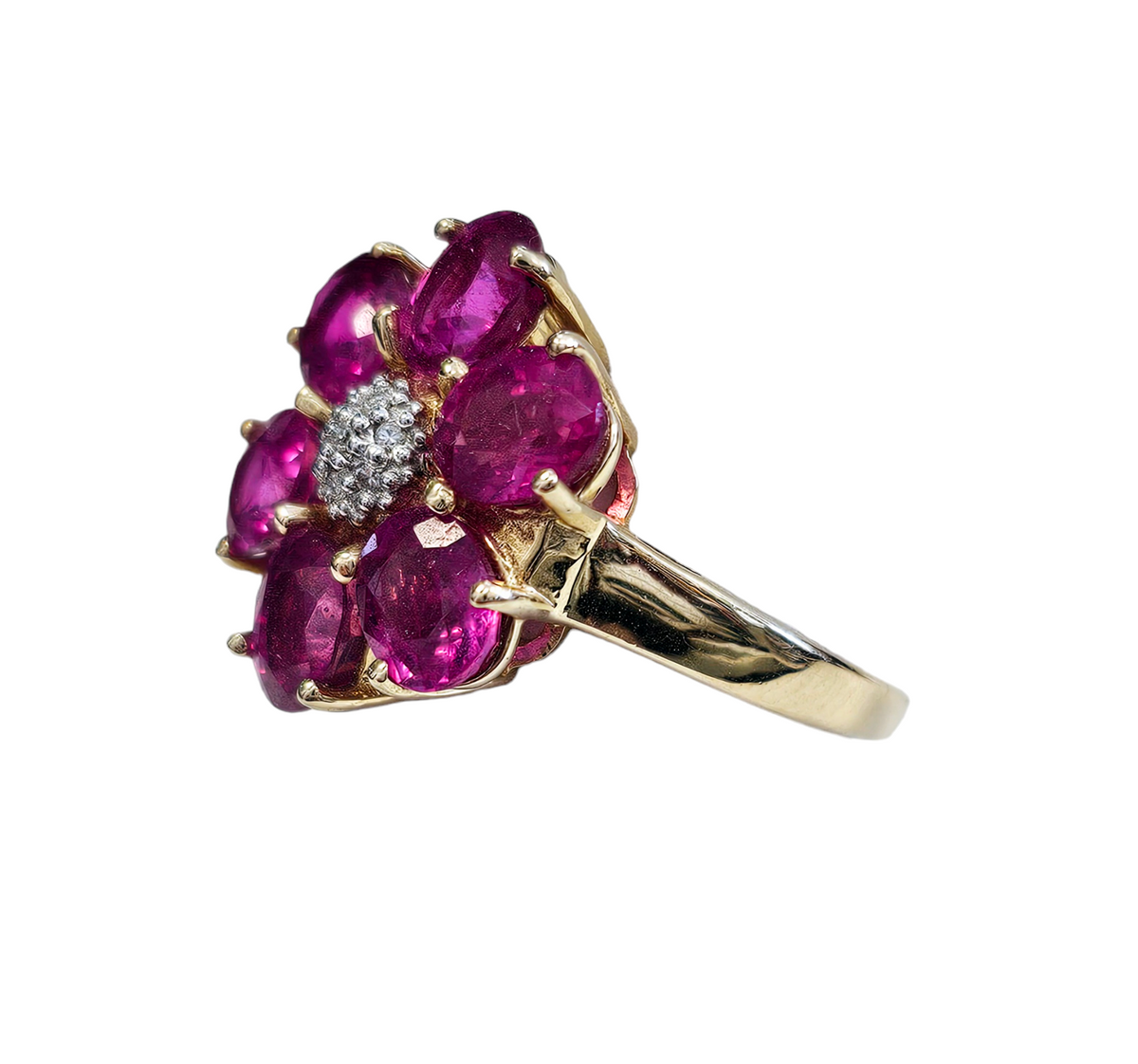 Diamond and Synthetic Oval Ruby Floral Design Ring made in 14-Karat Yellow Gold