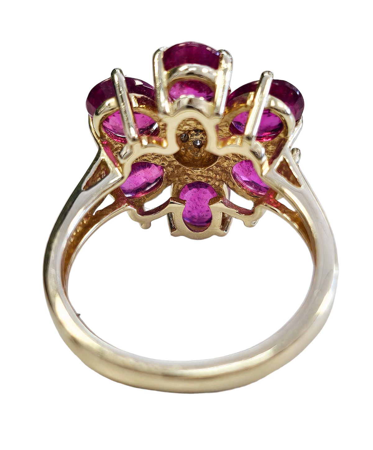 Diamond and Synthetic Oval Ruby Floral Design Ring made in 14-Karat Yellow Gold