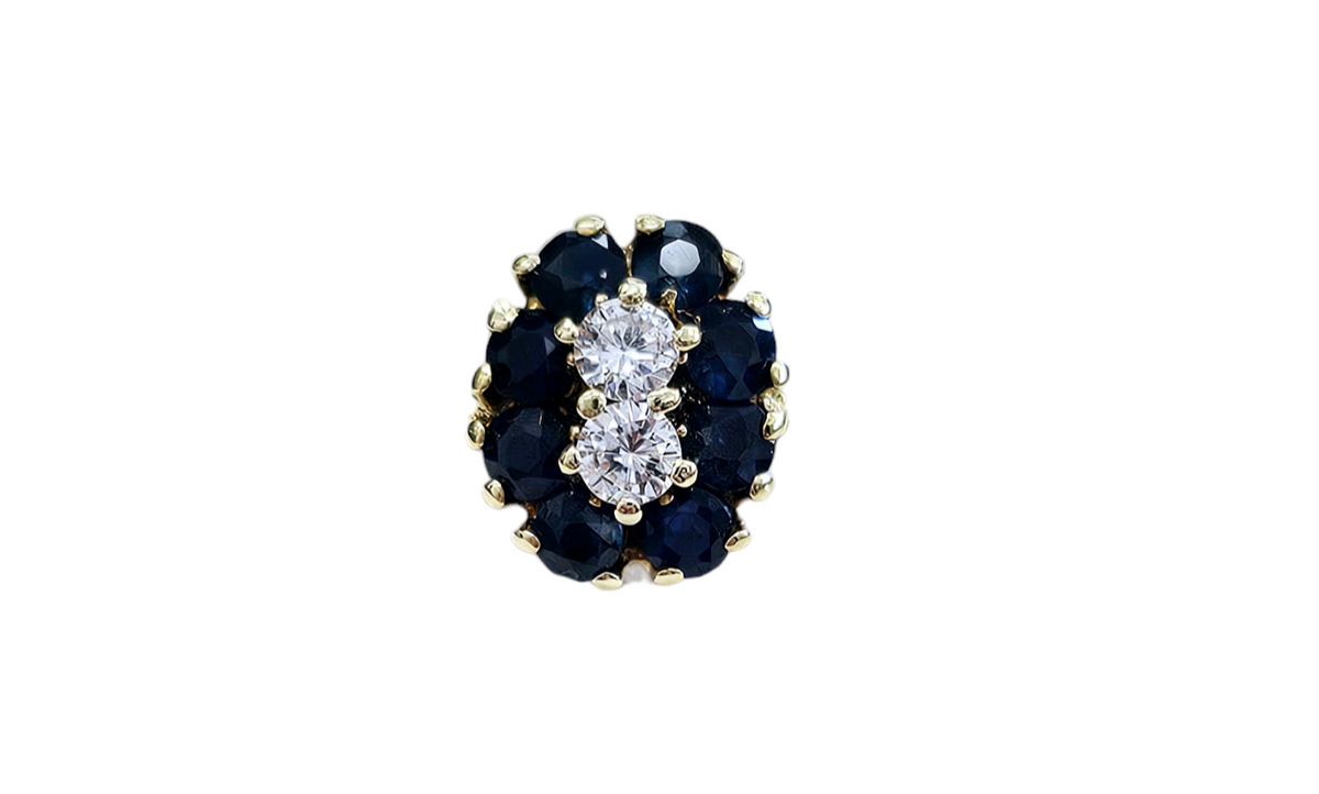 Double Diamond and Blue Sapphire Halo Ring made in 18-Karat Yellow Gold