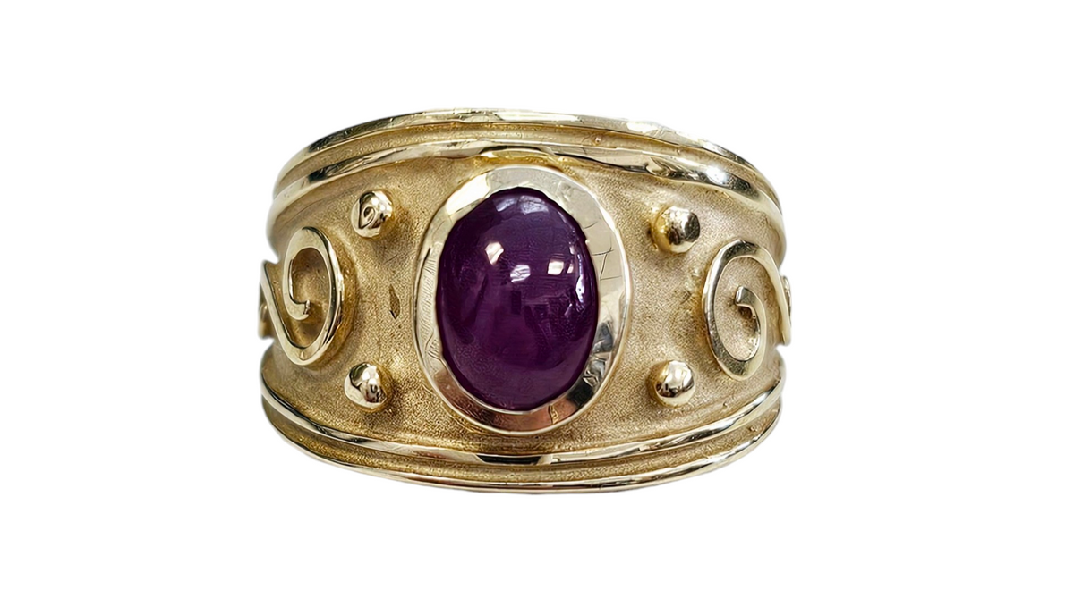 Etruscan Style Cabochon Ruby Bezel Set Vintage  Ring made in 14-Karat Yellow Gold