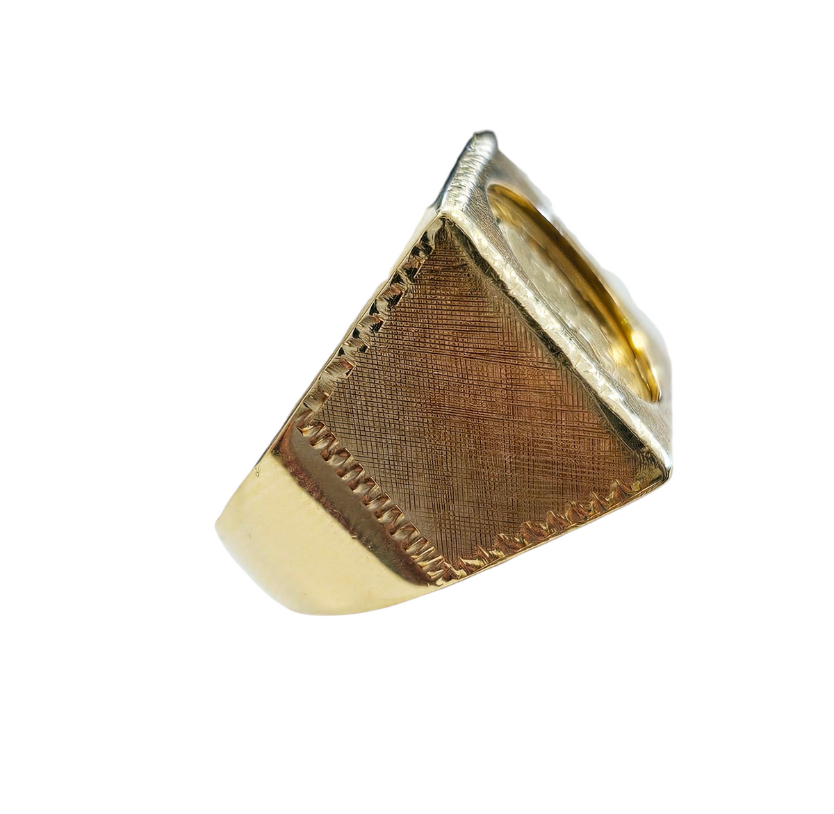 Caciques De Venezuela Textured Back Set Square Coin Ring made in 14-Karat Yellow Gold