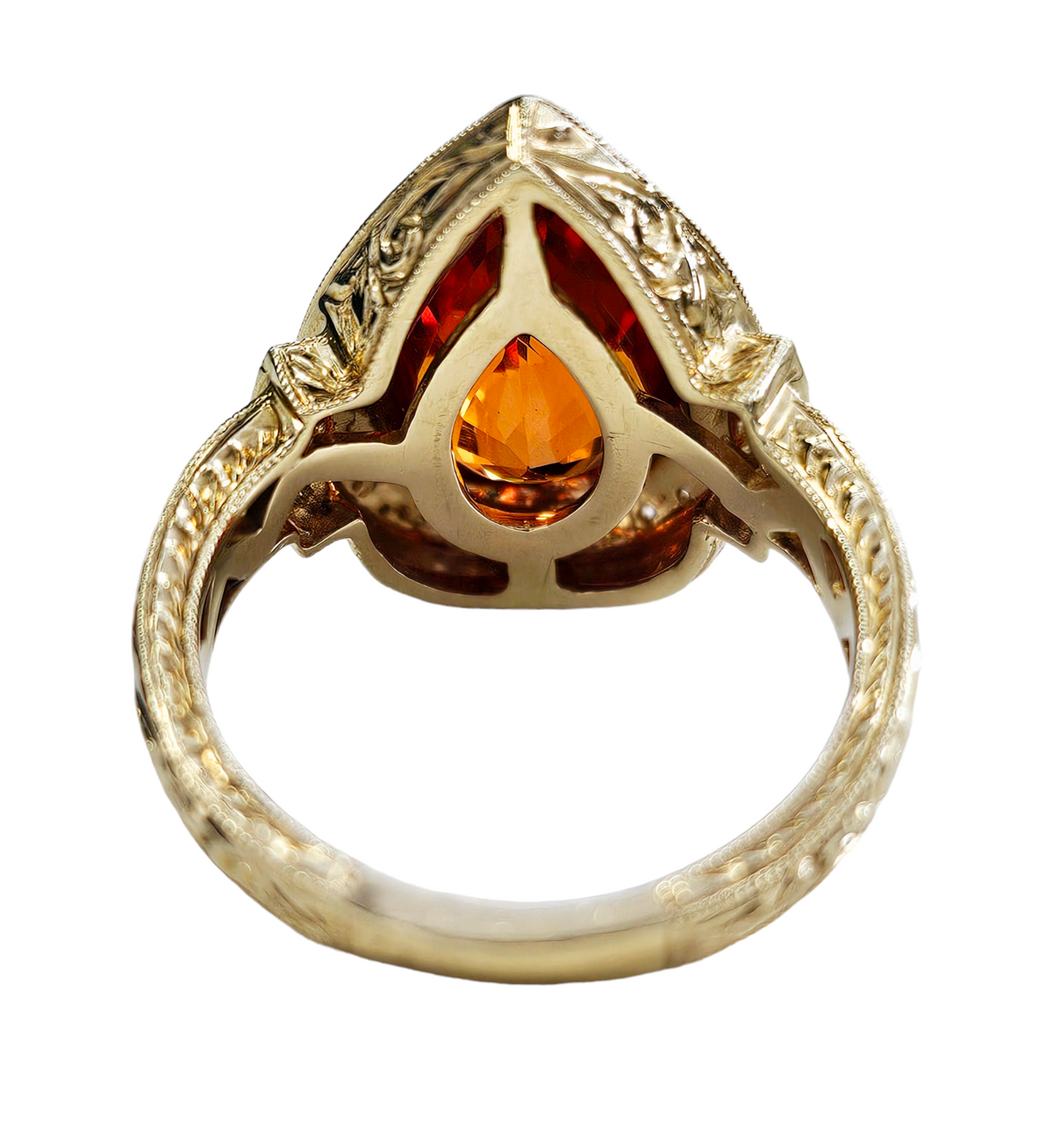 Pear Shape Bezel set Mandarin Garnet with Diamond Halo and Intricate Carved Design made in 14-Karat Yellow Gold