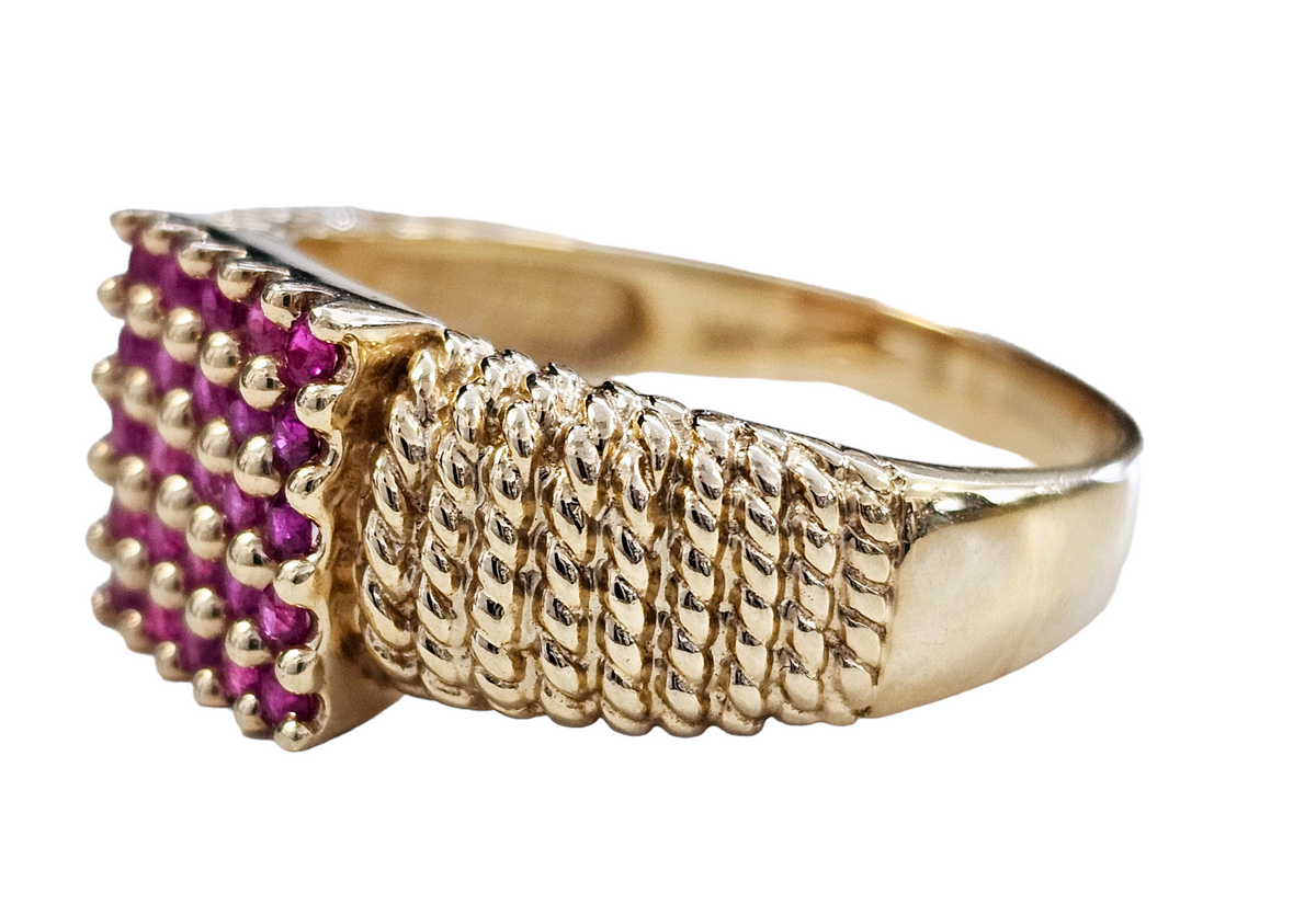 Pave Ruby Ring with Twisted Rope Textured Design made in 14-Karat Yellow Gold