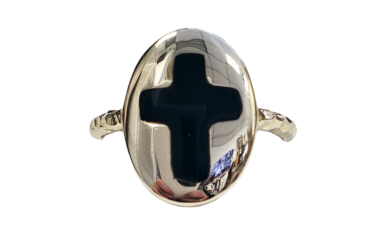 Black Enamel Cross on Oval Signet Ring with Hammered Style Shank made in 14-Karat Yellow Gold
