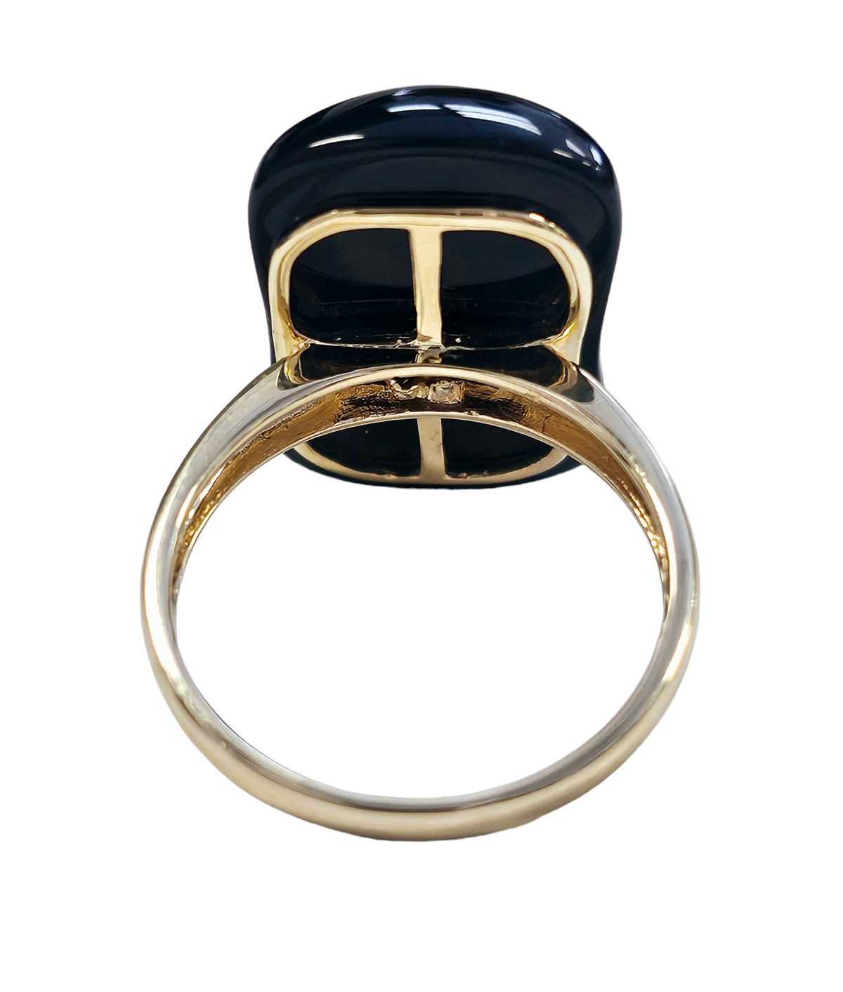 Asian Symbol Set on Cabochon Black Onyx Ring made in 14-Karat Yellow Gold