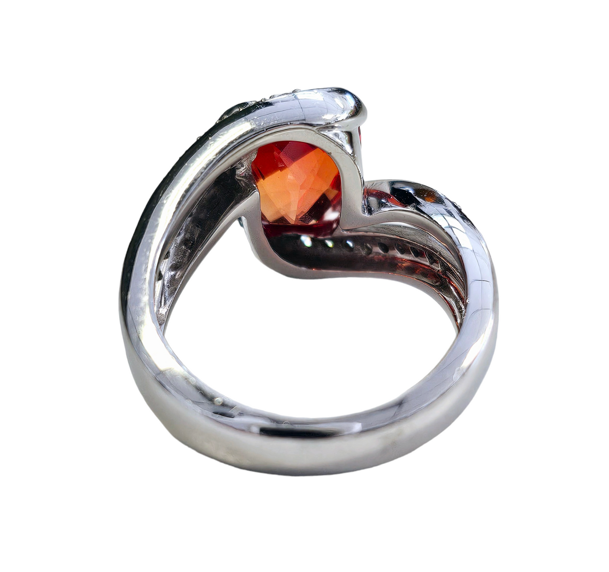 Mandarin Oval Cut Garnet and Diamond Bypass Half-Bezel Ring made in 14-Karat White Gold