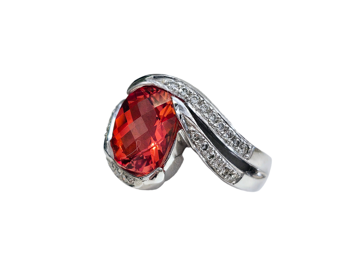 Mandarin Oval Cut Garnet and Diamond Bypass Half-Bezel Ring made in 14-Karat White Gold