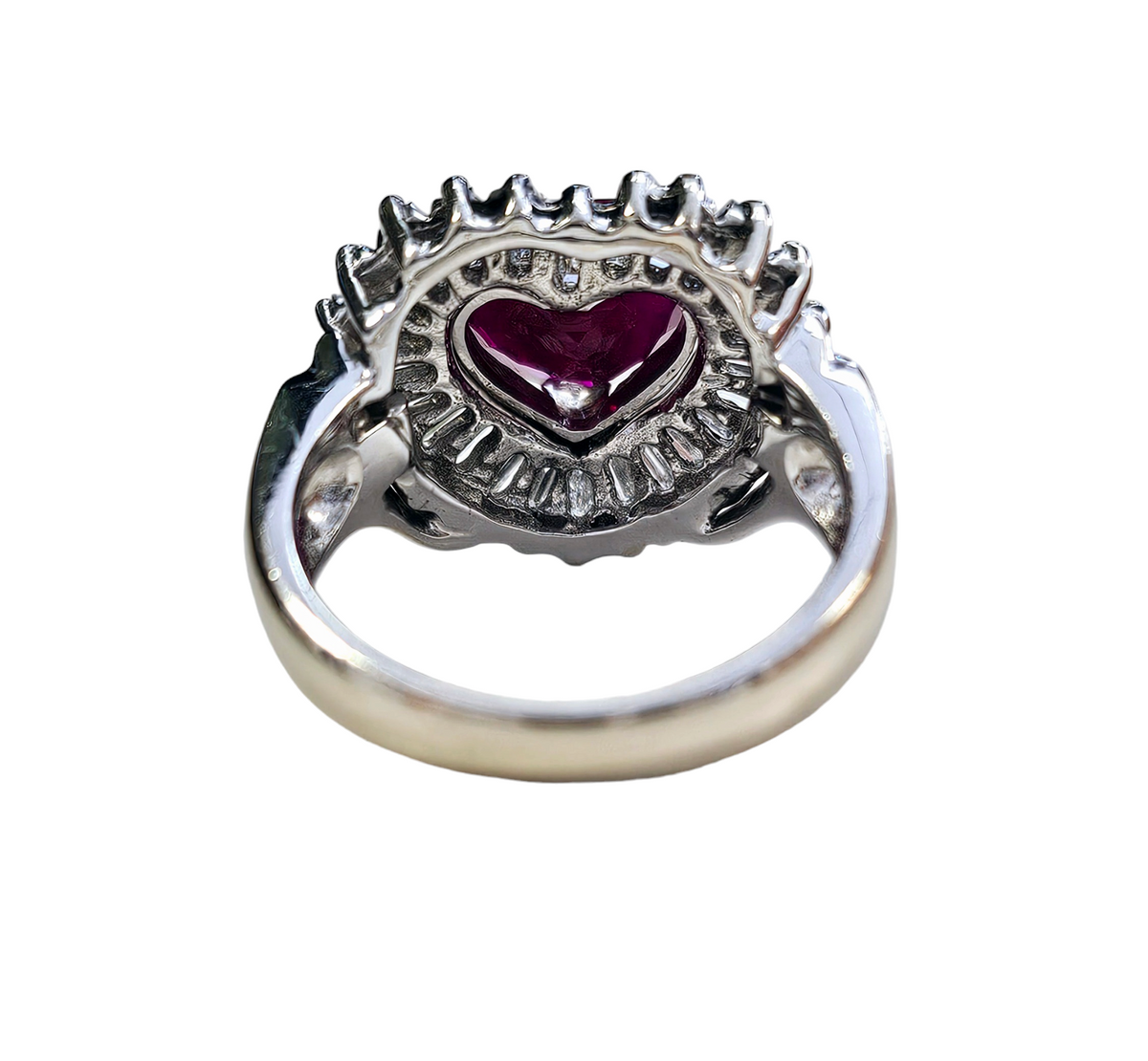 Heart Shape Ruby and Baguette Diamond Ballerina Halo Ring made in 14-Karat White Gold