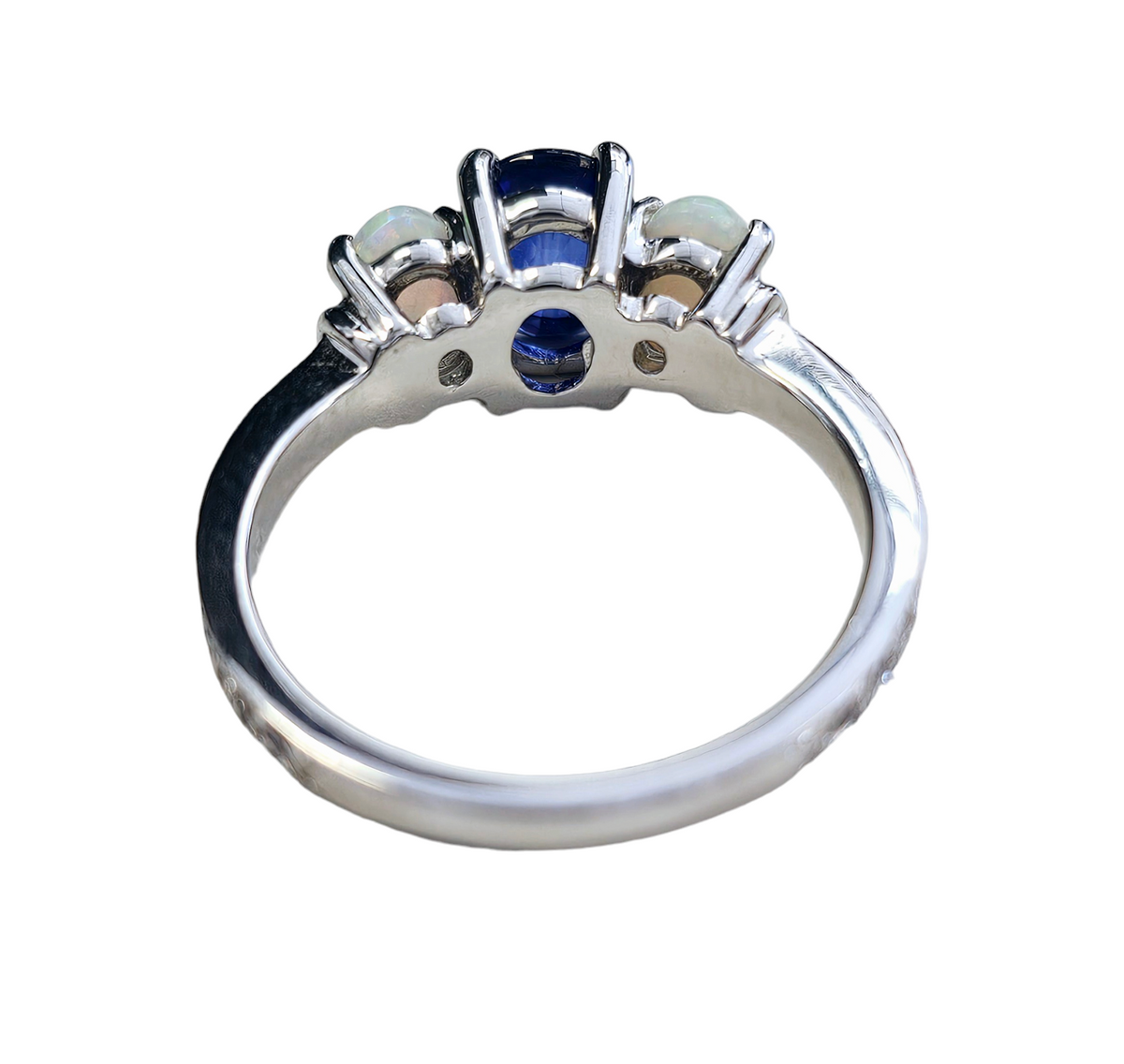 Oval Blue Sapphire and Oval Cabochon Opal Diamond Ring made in 14-Karat White Gold