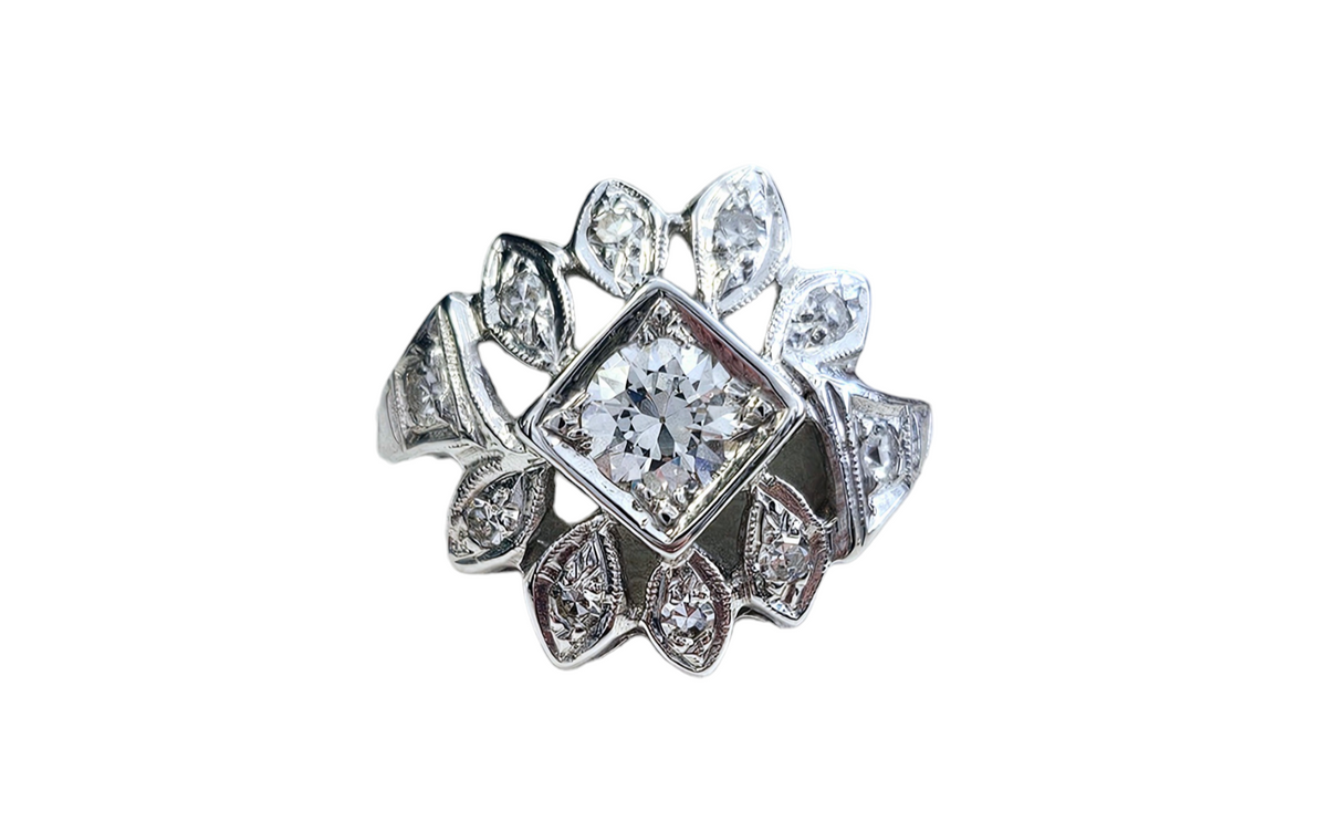 Old European Style Cut Center Diamond Art-Deco Diamond Ring made in 14-Karat White Gold