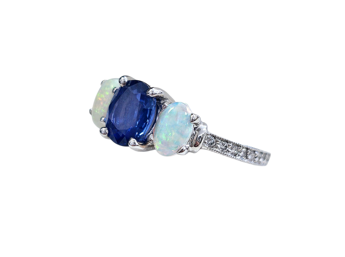 Oval Blue Sapphire and Oval Cabochon Opal Diamond Ring made in 14-Karat White Gold