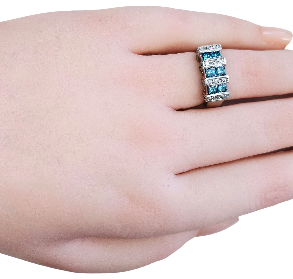 Princess Cut Channel Set Blue Diamond and Pave Set White Diamond Ring made in 14-Karat White Gold