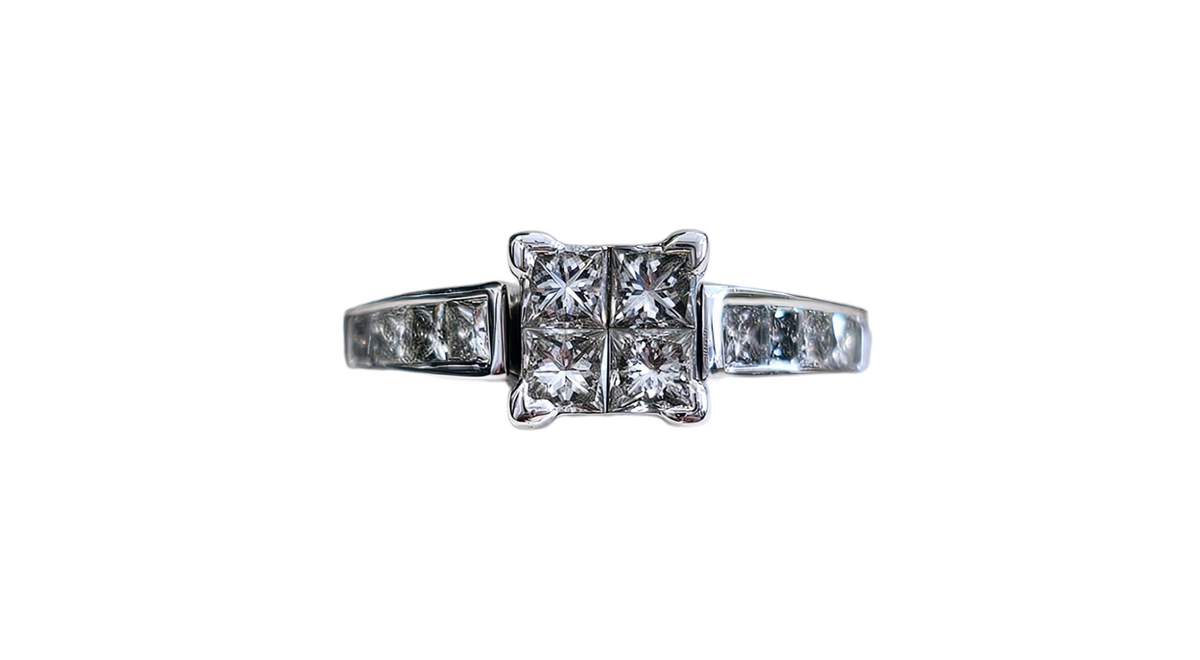Princess Cut Cluster and Channel Set Diamond Engagement Ring made in 14-Karat White Gold