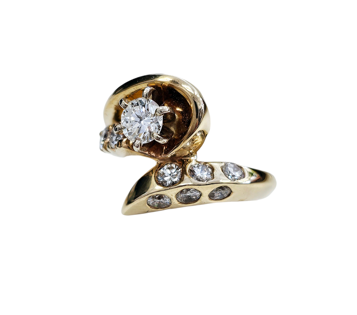 Diamond Bypass Style Engagement Ring with Prong and Burnished Diamonds made in 14-Karat Yellow Gold