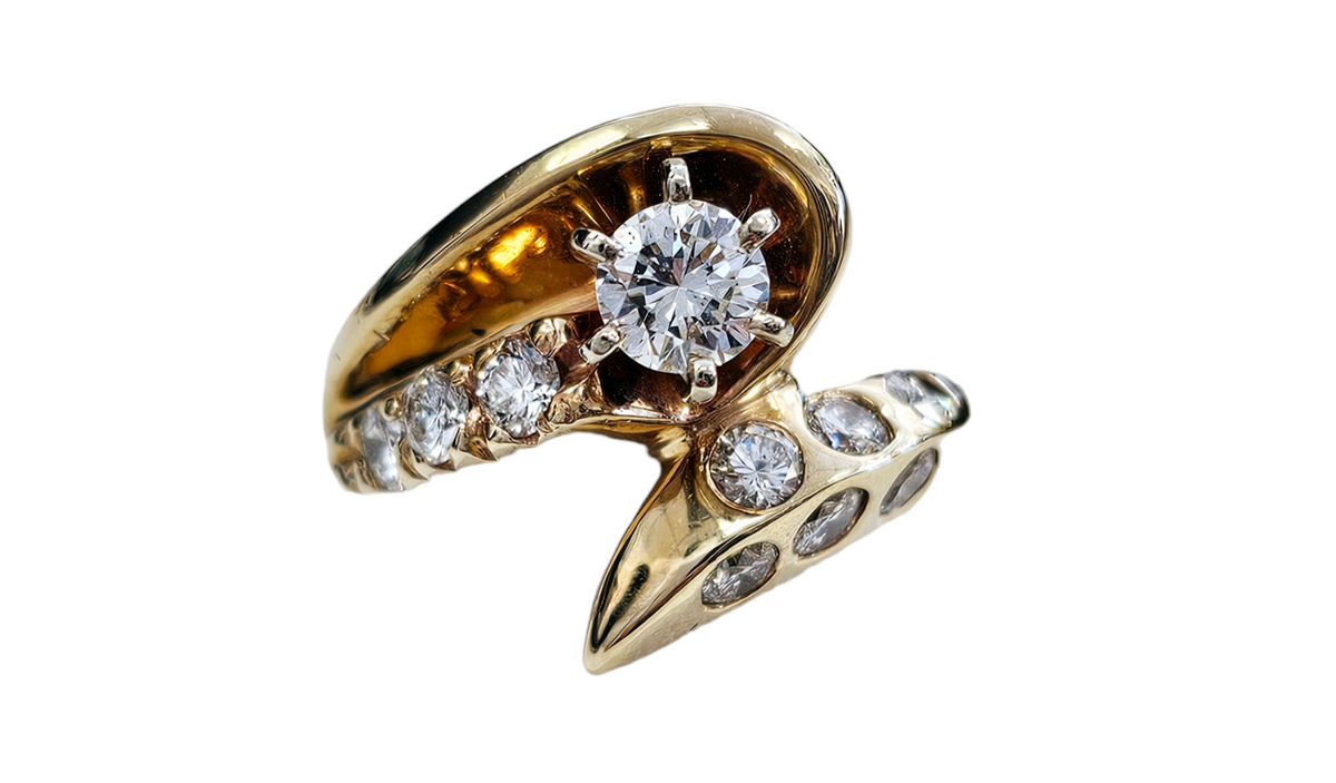 Diamond Bypass Style Engagement Ring with Prong and Burnished Diamonds made in 14-Karat Yellow Gold