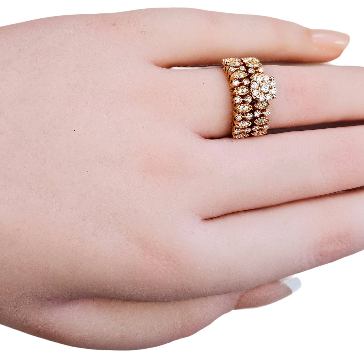 Cluster Diamond Milgrain ring and Diamond Milgrain Band Set made in 14-Karat Rose Gold