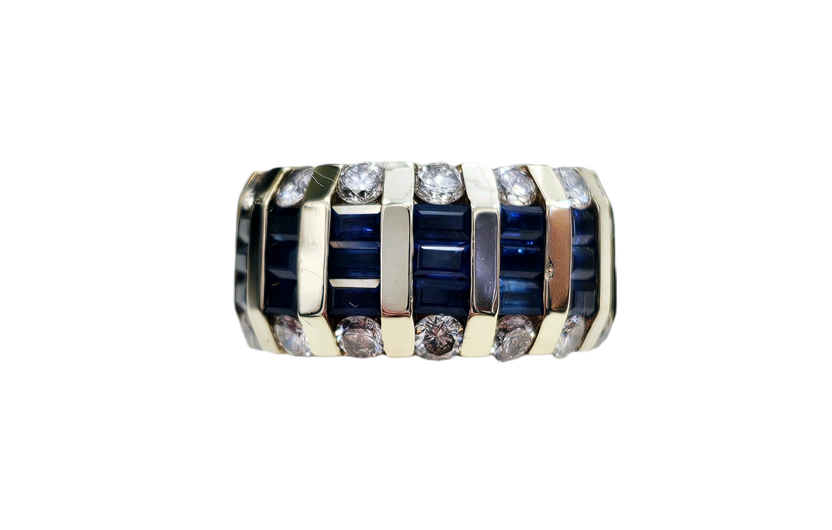 Baguette Blue Sapphire and Diamond Channel Set Thick Band made in 14-Karat Yellow Gold