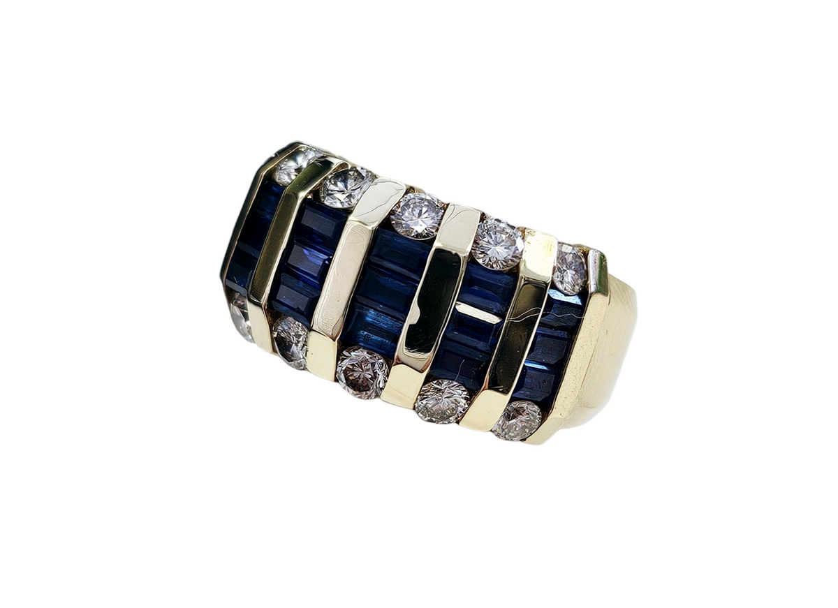 Baguette Blue Sapphire and Diamond Channel Set Thick Band made in 14-Karat Yellow Gold