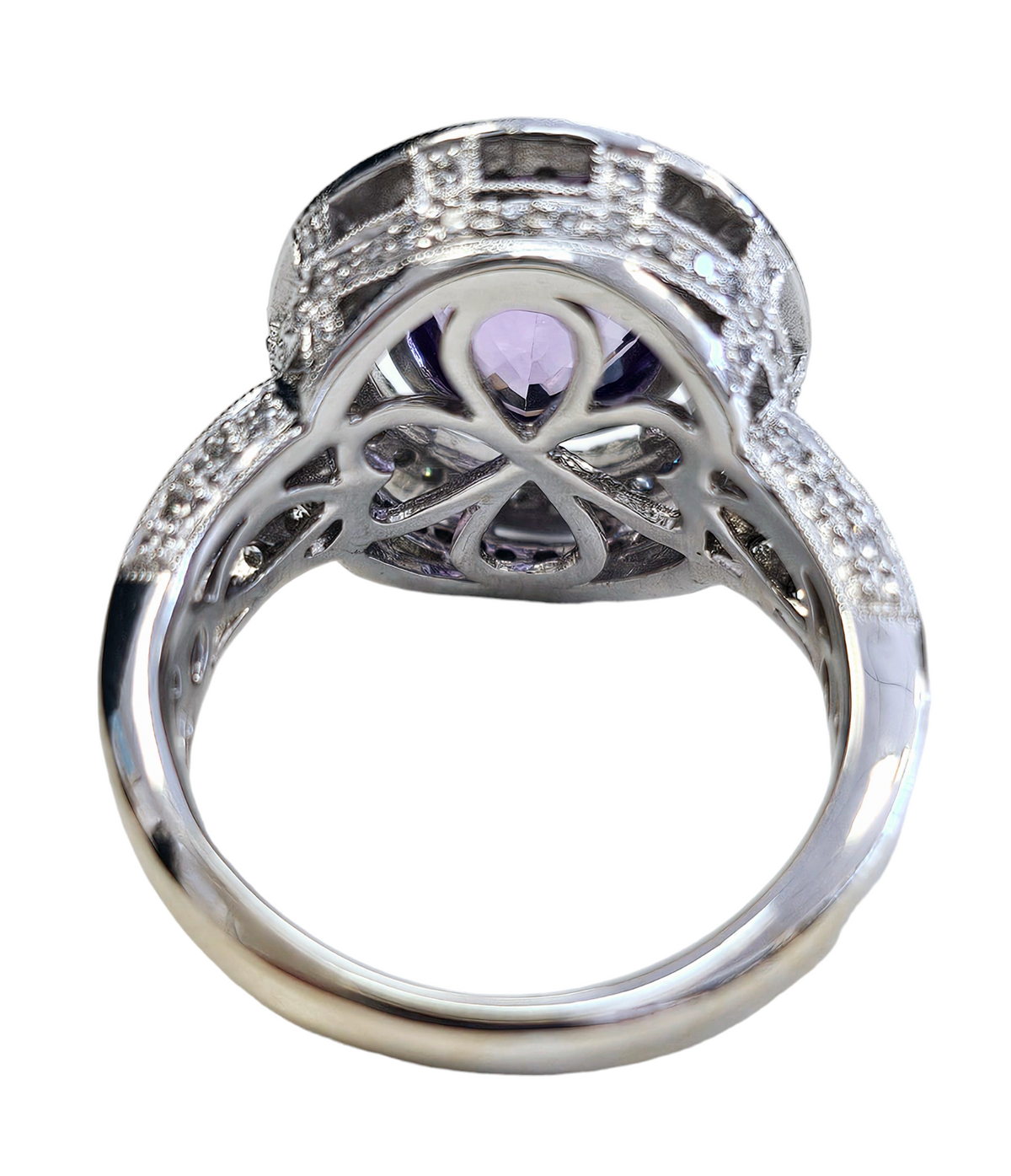 Bezel Set Oval Cut Amethyst and Diamond Halo Ring made in 18-Karat White Gold