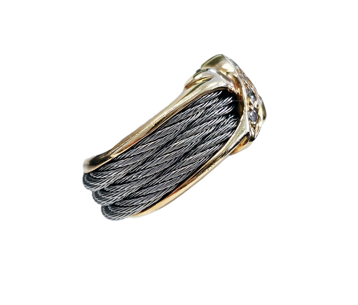 Phillipe Charriol Diamond X Cable Ring made in 18-Karat Yellow Gold and Stainless Steel