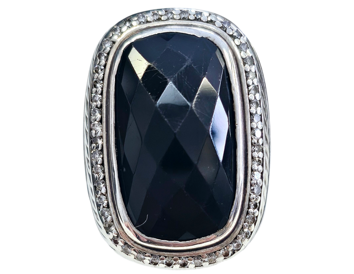 Designer David Yurman Large Onyx with Diamond Halo made in Sterling Silver