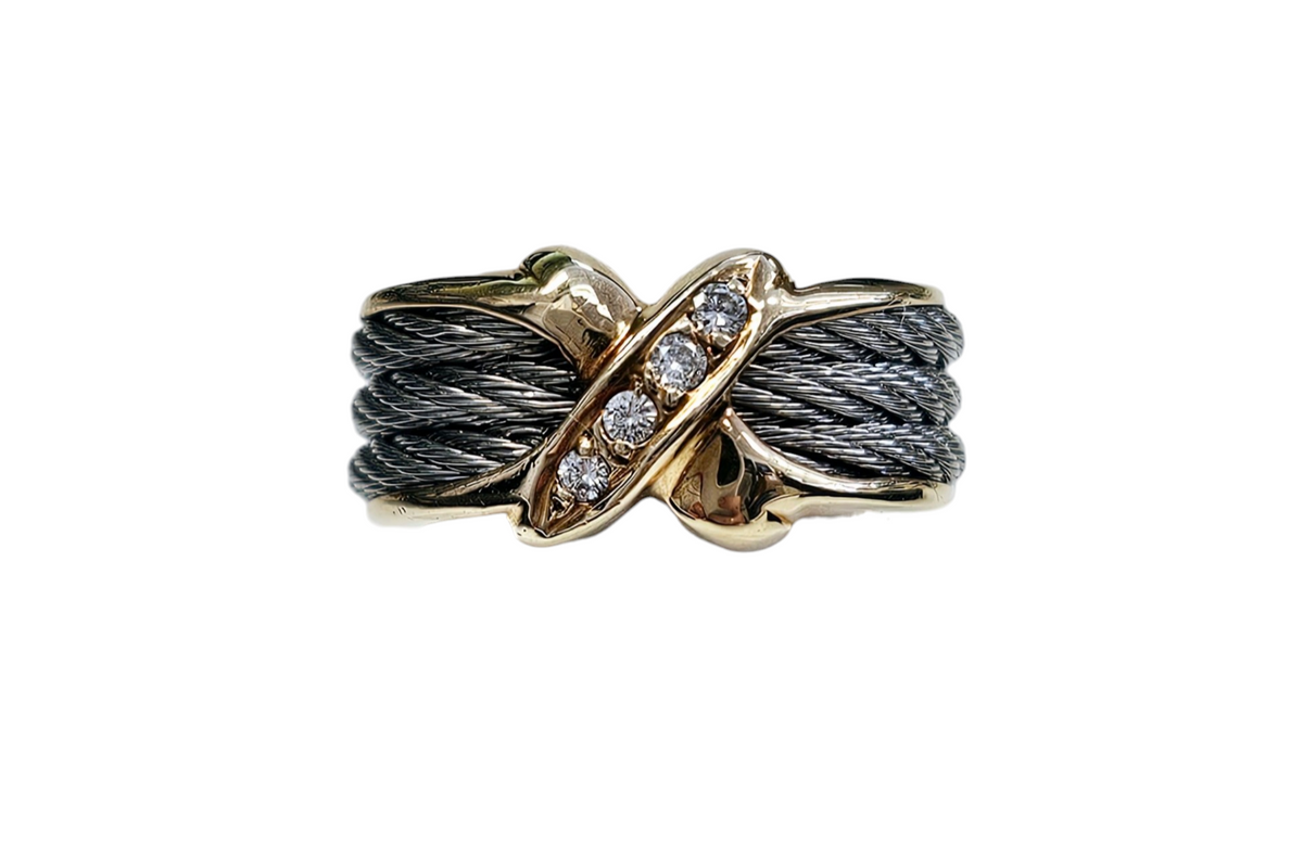 Phillipe Charriol Diamond X Cable Ring made in 18-Karat Yellow Gold and Stainless Steel