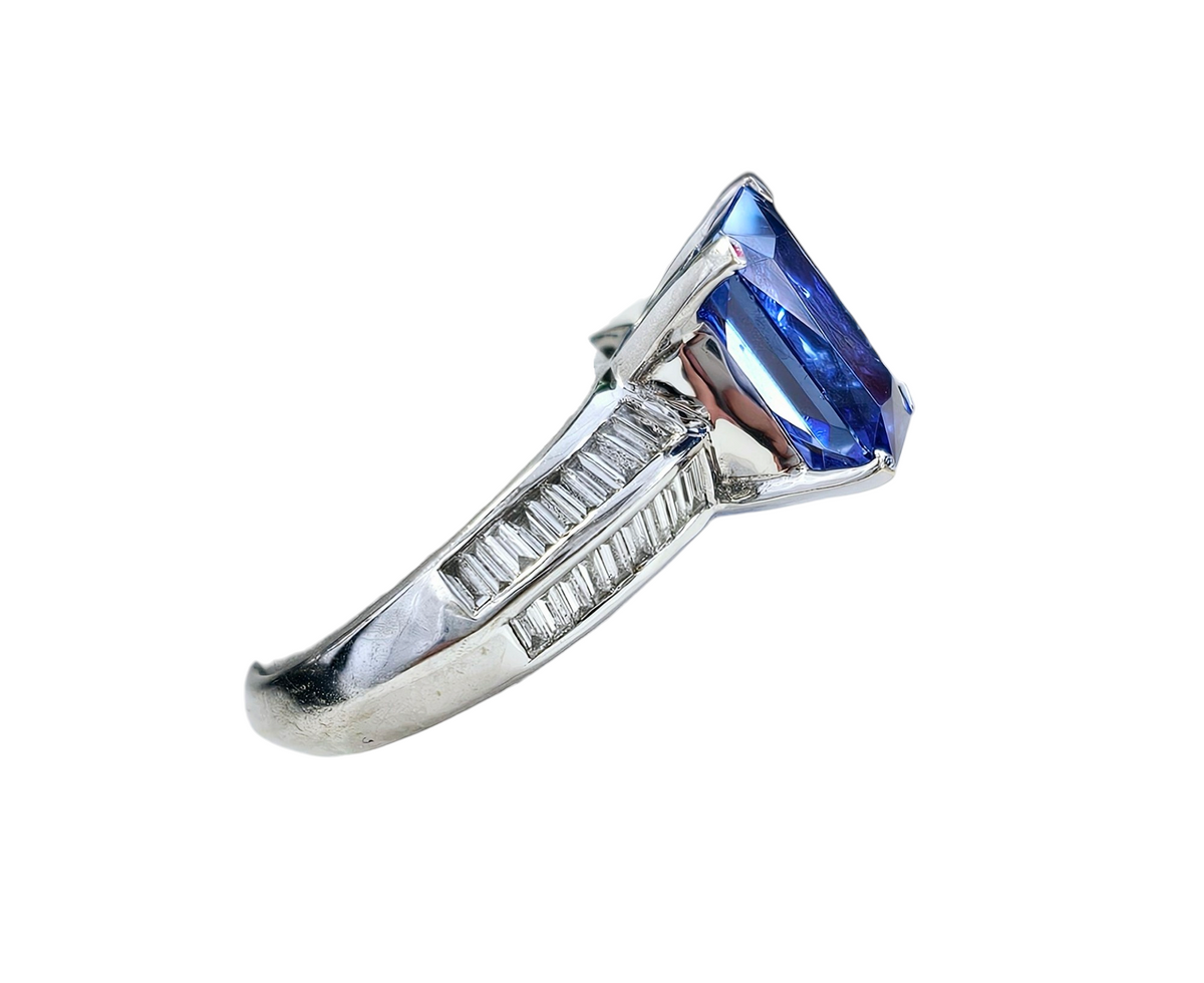 Radiant Cut Tanzanite and Channel Set Baguette Diamond Ring made in 18-Karat White Gold