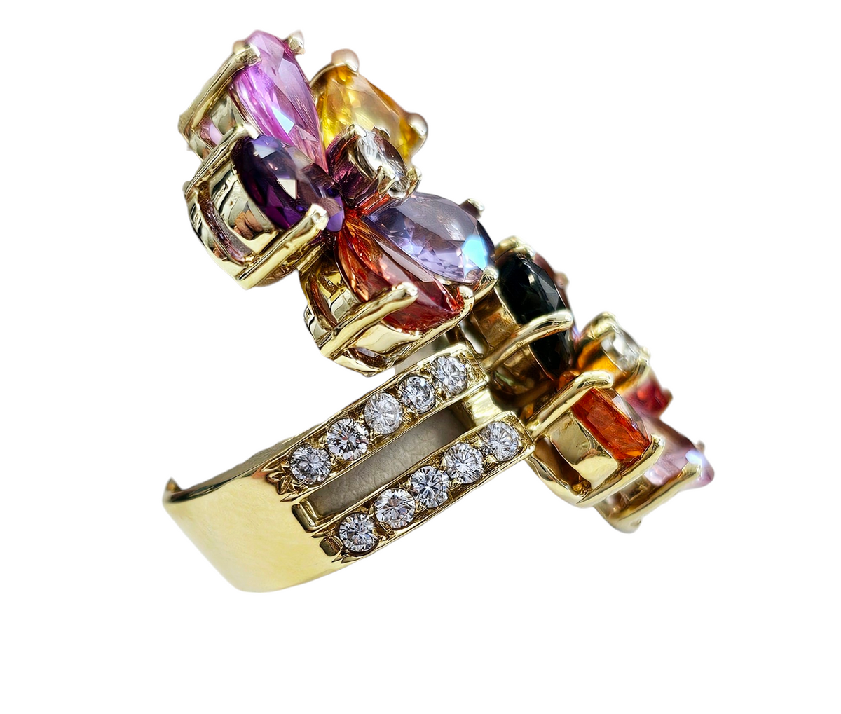 Pear Cut Multi-color Sapphire and Diamond Double Flower Shape Bypass ring made in 18-Karat Yellow Gold