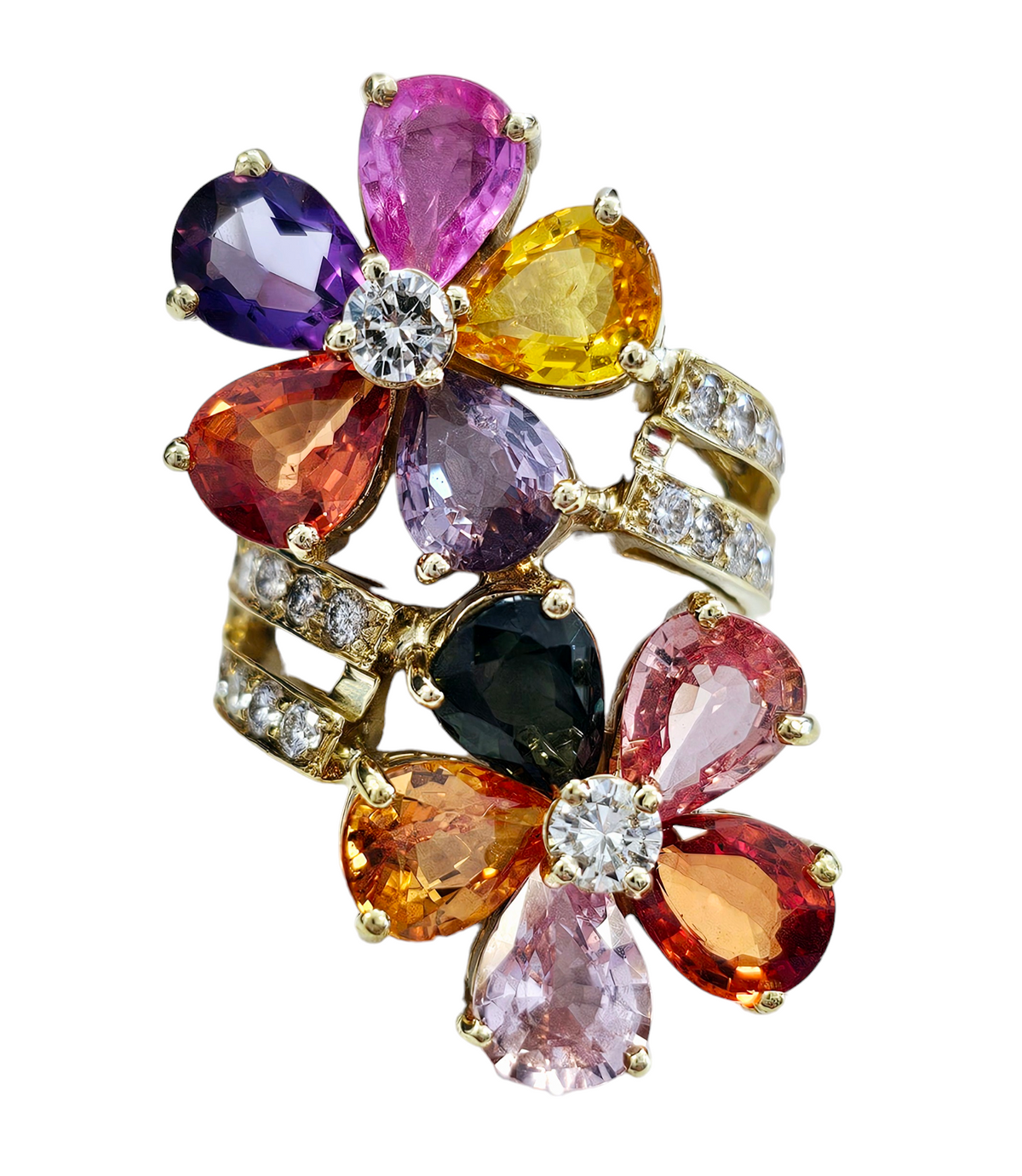 Pear Cut Multi-color Sapphire and Diamond Double Flower Shape Bypass ring made in 18-Karat Yellow Gold