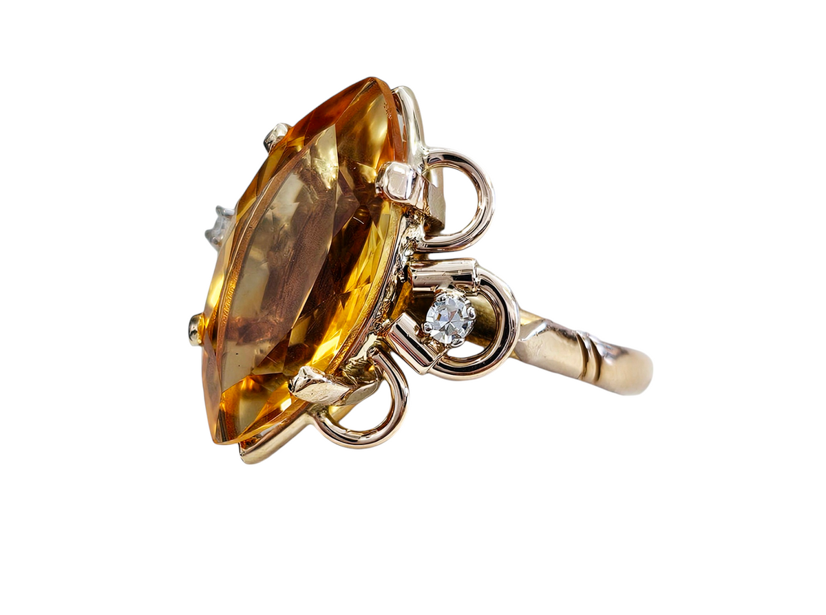 Marquise Cut Citrine with Old Cut Diamonds made in 18-Karat Rose Gold